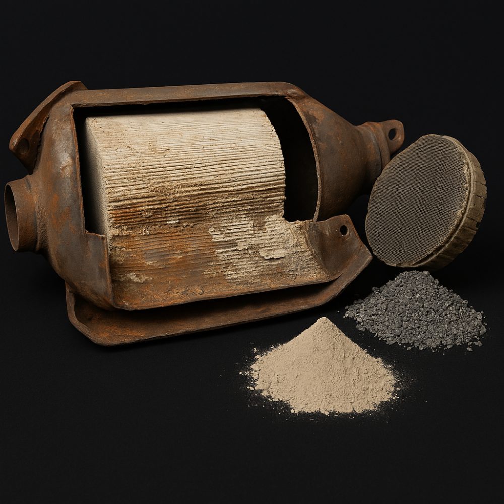 Inside a catalytic converter: the ceramic substrate that carries platinum, palladium and rhodium